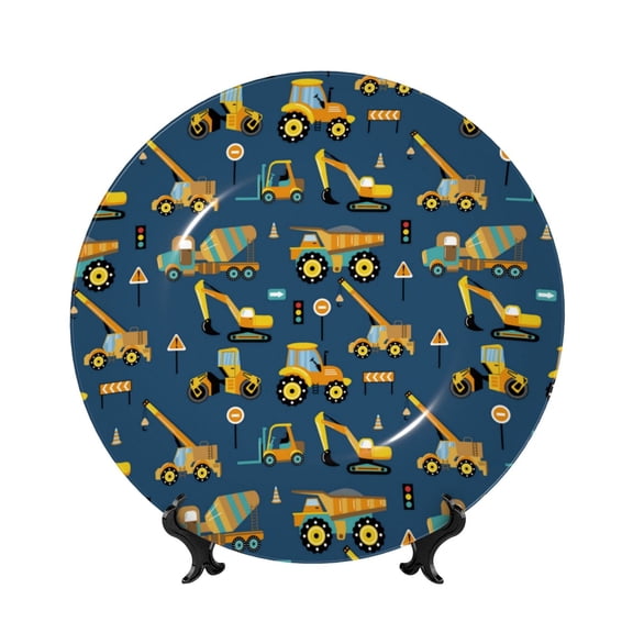 Picia Modern Excavator Pattern Bone China Decorative Plate – Wall Decor with Stand and Adhesive, Elegant Ornament for Living Room, Office, or Entryway-8in