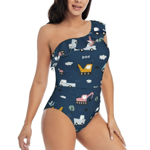Picia Modern Modern Excavator Pattern Women's One Piece Swimsuits,One Shoulder Swimwear Asymmetric ,Ruffle Monokinis Bathing Suits,High Waisted Flattering Bathing Suits-Medium