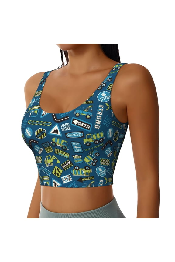 Modern Excavator Sports Bra for Women,Padded Strappy Sports Bras Medium Support Yoga Bra with Removable Cups,Running Yoga Bra-Large