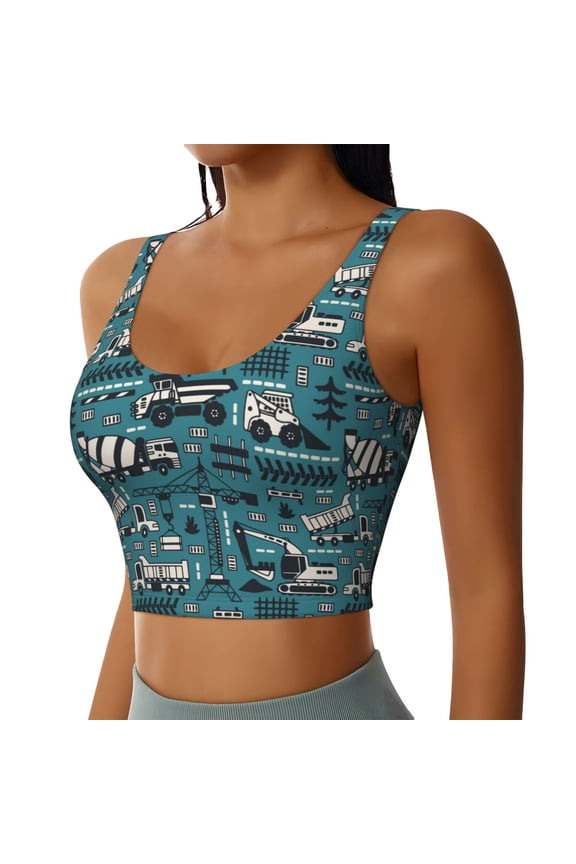 Modern Excavator Sports Bra for Women,Padded Strappy Sports Bras Medium Support Yoga Bra with Removable Cups,Running Yoga Bra-Large