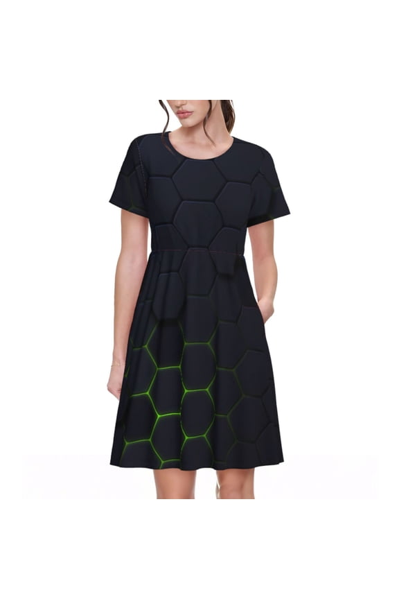 Modern Hexagonal Neon Grid Pattern Women's Short Sleeve Summer Dress Pleated Loose Swing Knee Length Short Sleeve Swing Dresses