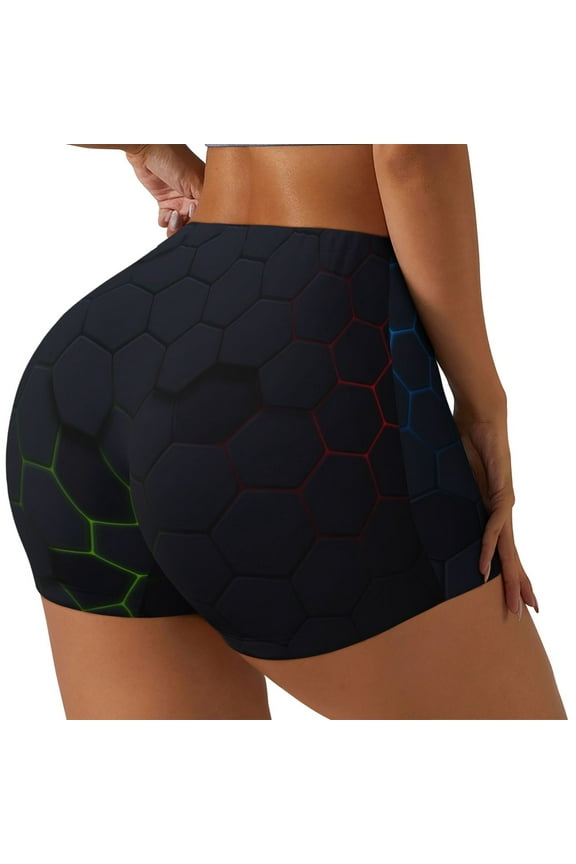 Modern Hexagonal Neon Grid Printed Workout Shorts for Women Seamless Scrunch Butt Lifting High Waisted Yoga Gym Booty Running Moisture-wicking Short Pants-XX-Large