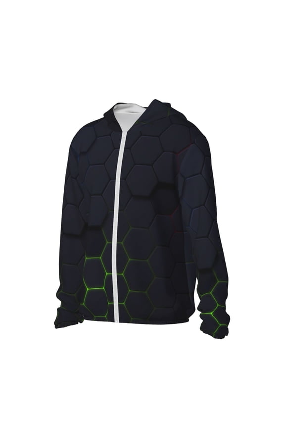 Modern Hexagonal Neon Grid Women's Men's UPF 50+ Sun Protection Hoodie Shirt Long Sleeve SPF Fishing Outdoor UV Hiking Lightweight Shirts-Large