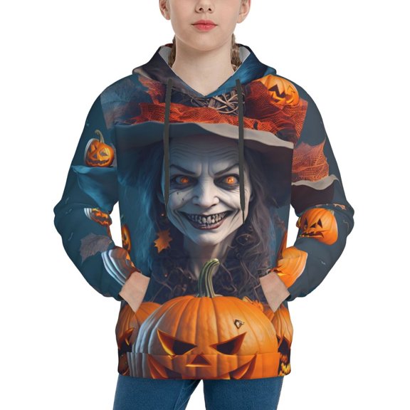 Picia Modern Style Pumpkin Witch Pattern Youth Hoodie - Warm Pullover Sweatshirt with Kangaroo Pocket, Ideal for Boys and Girls-Medium