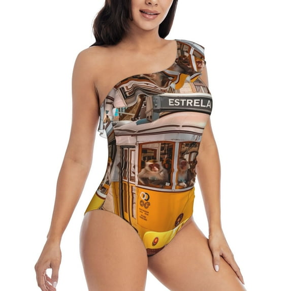 Picia Modern Urban Monkey Pattern Women's One Piece Swimsuits,One Shoulder Swimwear Asymmetric ,Ruffle Monokinis Bathing Suits,High Waisted Flattering Bathing Suits-Small