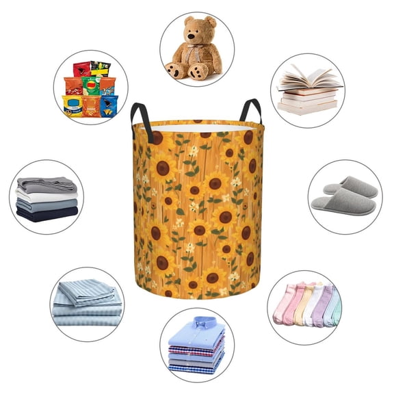 Picia Modern Wood Grain Sunflower Large Laundry Basket, Waterproof, Freestanding Laundry Hamper, Collapsible Tall Clothes Hamper with Extended Handles-Small