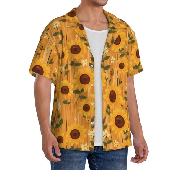 Picia Modern Wood Grain Sunflower Men's Linen Shirts Short Sleeve Cuban Beach Shirts Casual Shirts Button Down Shirt for Men Beach Summer Wedding Shirt-Medium