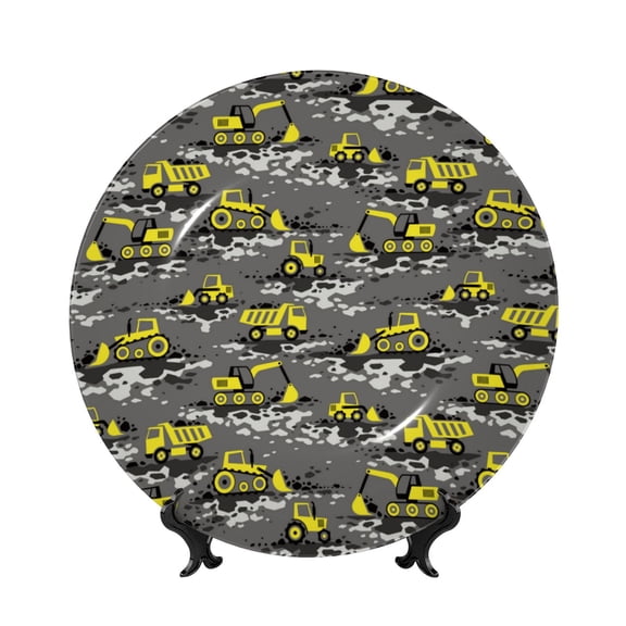 Picia Modern Yellow Excavator Pattern Bone China Decorative Plate – Wall Decor with Stand and Adhesive, Elegant Ornament for Living Room, Office, or Entryway-10in