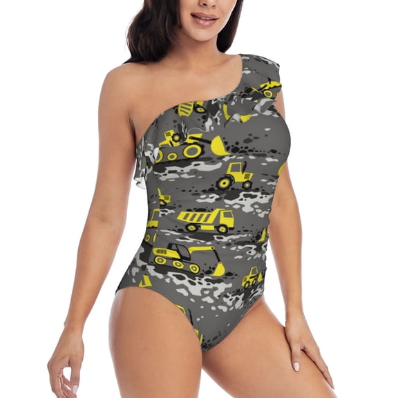 Picia Modern Yellow Excavator Pattern Women's One Piece Swimsuits,One Shoulder Swimwear Asymmetric ,Ruffle Monokinis Bathing Suits,High Waisted Flattering Bathing Suits-Medium
