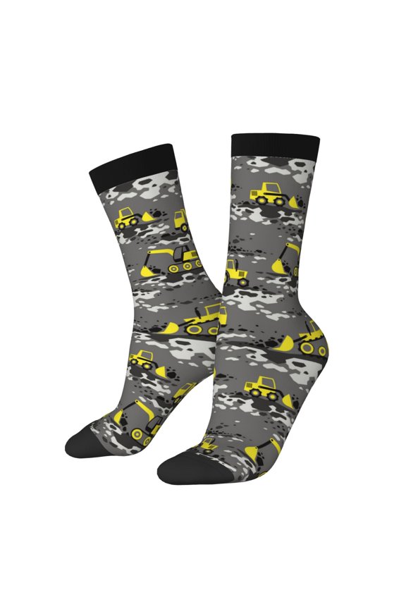 Modern Yellow Excavator Print Athletic Socks for Men & Women – Cushioned Moisture-Wicking Crew Socks for Sports, Running, and Training, Soft & Breathable Size 5-11