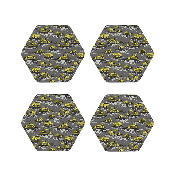 Picia Modern Yellow Excavator Printed Leather Coasters for Drinks, 4" Drink Coasters Set of 4 for Tabletop Protection, Handmade Luxurious Home Décor and Housewarming Gift -Hexagon