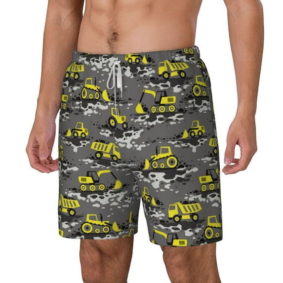 Picia Modern Yellow Excavator pattern Mens Swim Trunks with Compression Liner Stretch Beach Shorts Quick Dry with Zipper Pockets No-Chafing Board Shorts-Medium