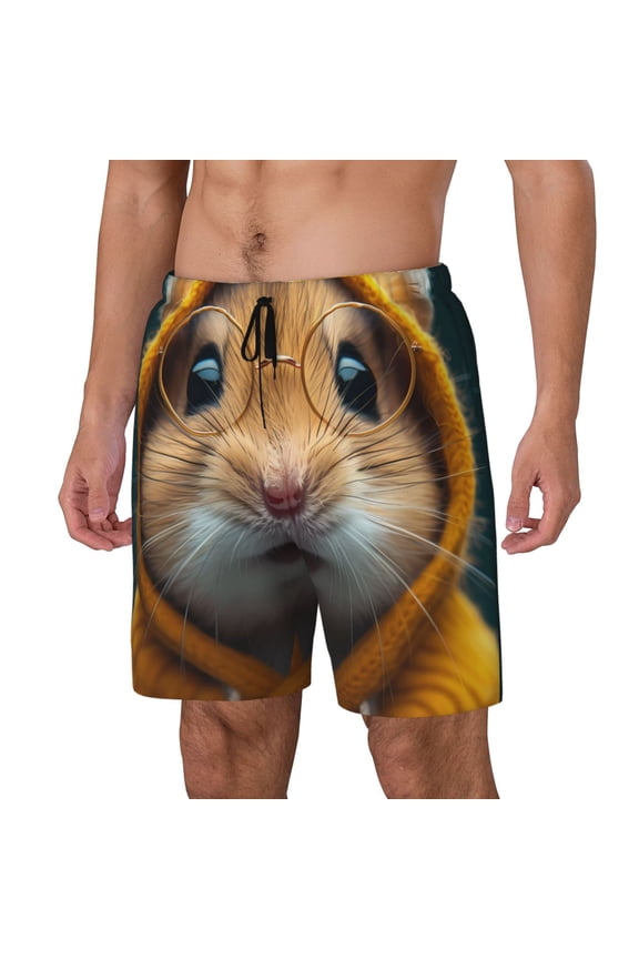 Modern Yellow Sweater Guinea Pig pattern Mens Swim Trunks with Compression Liner Stretch Beach Shorts Quick Dry with Zipper Pockets No-Chafing Board Shorts-Large
