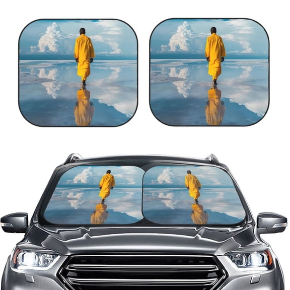 Picia Monk Walking On Water 2 Piece Car Windshield Sun Shade Foldable | Foldable Sun Shield for Front Window Blocks UV Rays and Keeps Your Vehicle Cool-Medium