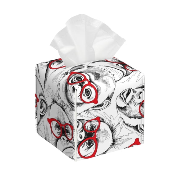 Picia Monkey Pattern Tissue Box Cover,PVC Leather Square Holder,Tissue Box Holder with Magnetic Bottom,Facial Paper Organizer Dispenser-5.2"X5.2"X5.2"
