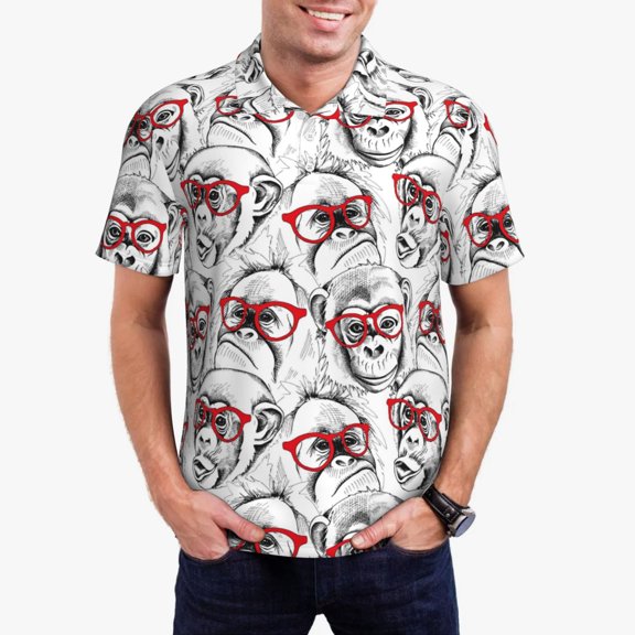Picia Monkey Print Men's Polo Shirt, Two-Button Closure Pique Polo Shirt, Summer Fashion Golf Shirt-3X-Large