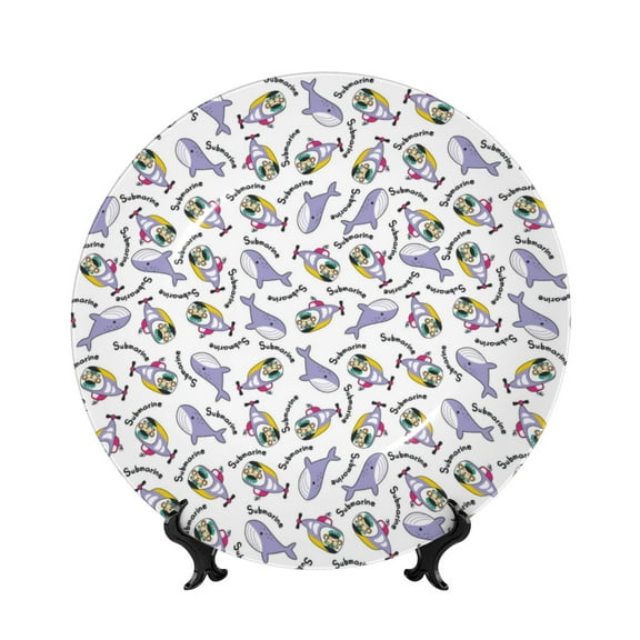 Picia Monkey Submarine Captain Pattern Bone China Decorative Plate – Wall Decor with Stand and Adhesive, Elegant Ornament for Living Room, Office, or Entryway-10in