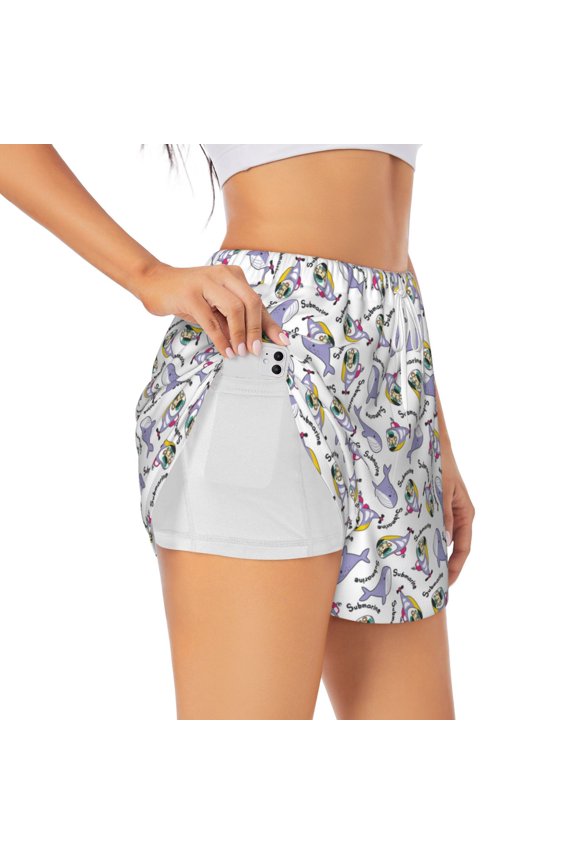 Monkey Submarine Captain Pattern Women's 2 in 1 Athletic Running Shorts High Waisted Workout Casual Gym Sweat Shorts with Comfy Liner Zipper Pockets-Large