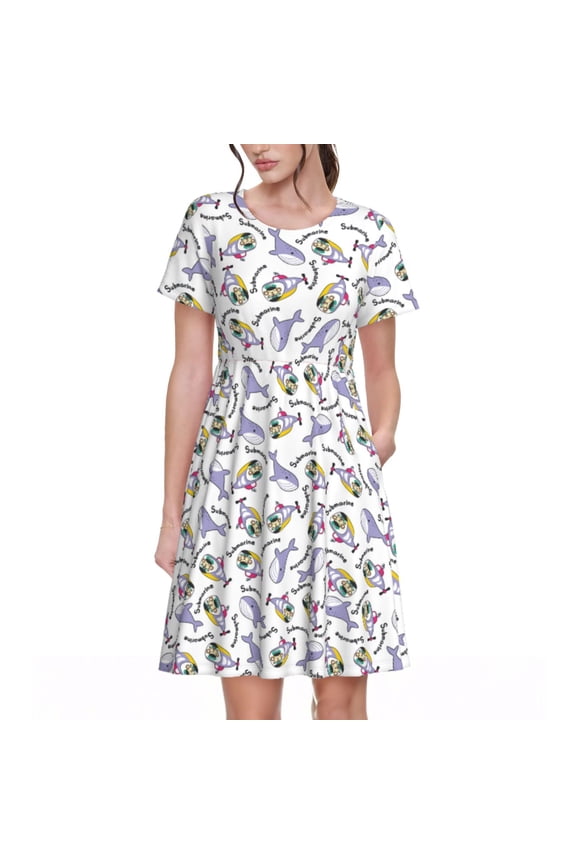 Monkey Submarine Captain Pattern Women's Short Sleeve Summer Dress Pleated Loose Swing Knee Length Short Sleeve Swing Dresses