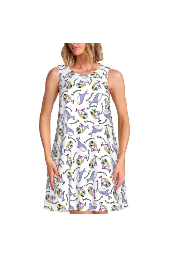 Monkey Submarine Captain Print Women’s Sleeveless Midi Swing Dress – A-Line Pleated Tank Sundress, Comfortable and Flowy T-Shirt Dress