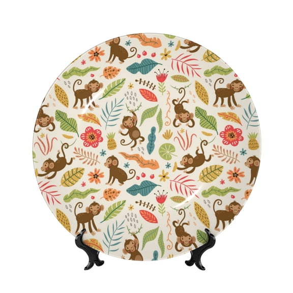Picia Monkeys in the Jungle Pattern Bone China Decorative Plate – Wall Decor with Stand and Adhesive, Elegant Ornament for Living Room, Office, or Entryway-8in