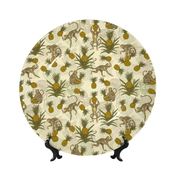 Picia Monkeys and Pinealpples Pattern Bone China Decorative Plate – Wall Decor with Stand and Adhesive, Elegant Ornament for Living Room, Office, or Entryway-6in