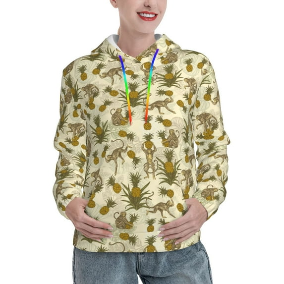 Picia Monkeys and Pinealpples Pattern Casual Women's Hoodie, Hooded Sweatshirt with Kangaroo Pocket, Comfortable Pullover with Eye-catching Drawstrings-X-Large