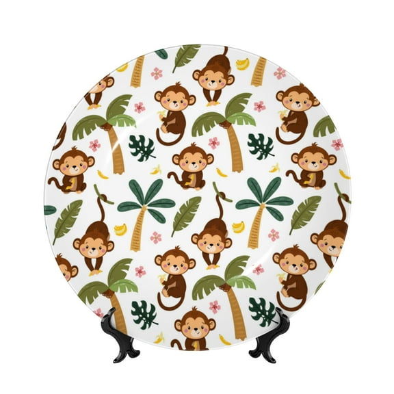 Picia Monkeys Swinging from Palms Pattern Bone China Decorative Plate – Wall Decor with Stand and Adhesive, Elegant Ornament for Living Room, Office, or Entryway-8in