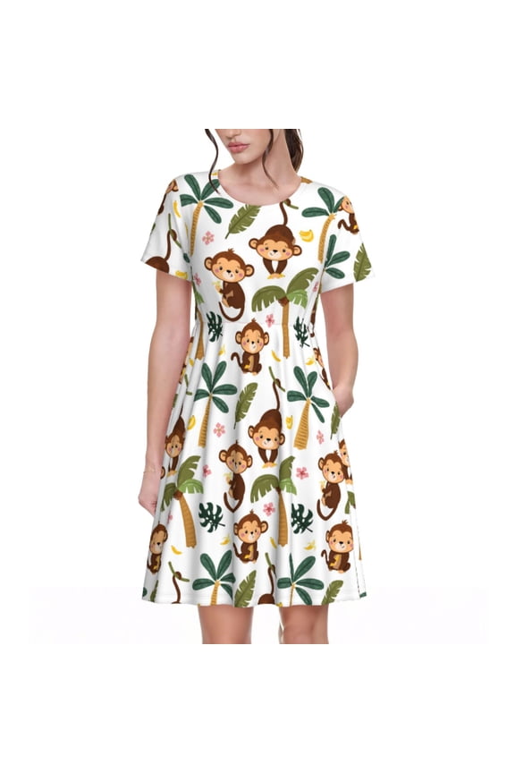 Monkeys Swinging from Palms Pattern Women's Short Sleeve Summer Dress Pleated Loose Swing Knee Length Short Sleeve Swing Dresses