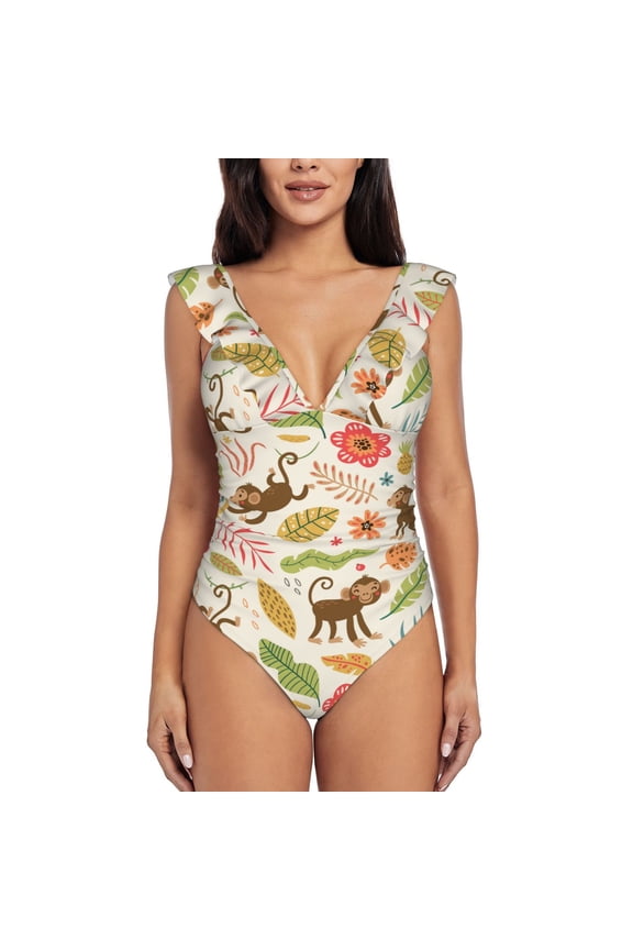 Monkeys in the Jungle Blooming Jelly Womens Tummy Control Bathing Suits Slimming Ruffle Swimsuit One Piece Lace Swimwear-