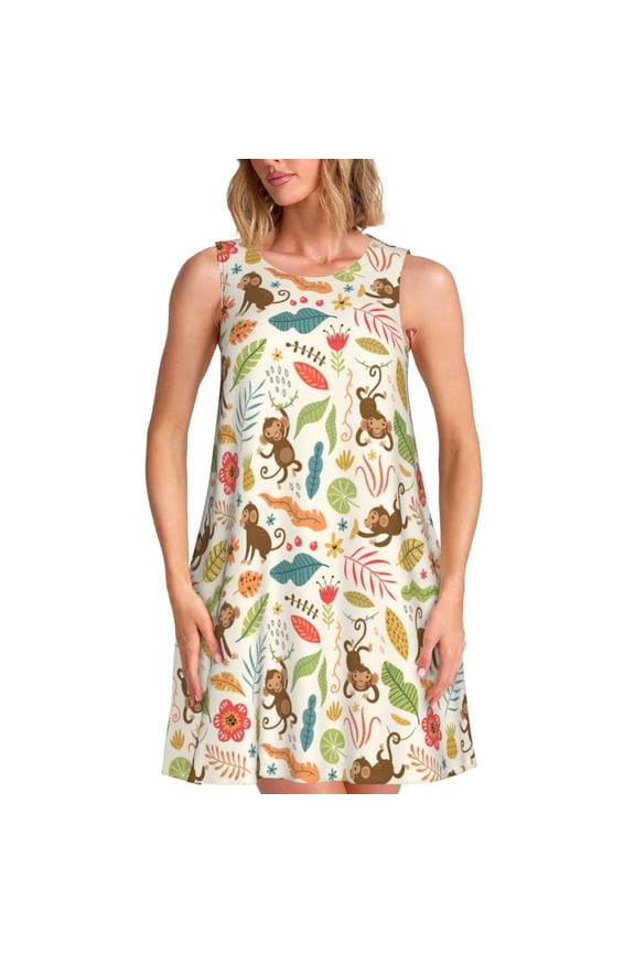 Monkeys in the Jungle Print Women’s Sleeveless Midi Swing Dress – A-Line Pleated Tank Sundress, Comfortable and Flowy T-Shirt Dress