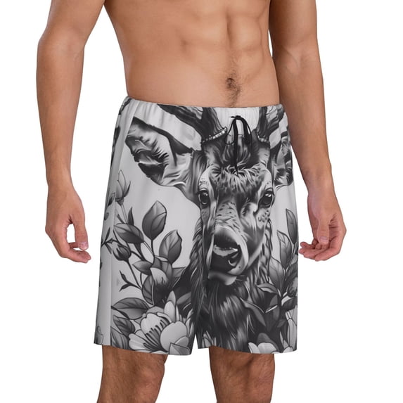 Picia Monochrome Deer Floral Pajama Shorts for Men, Men's Pajama Bottoms, Sleepwear,Short Pajama Pants-Large