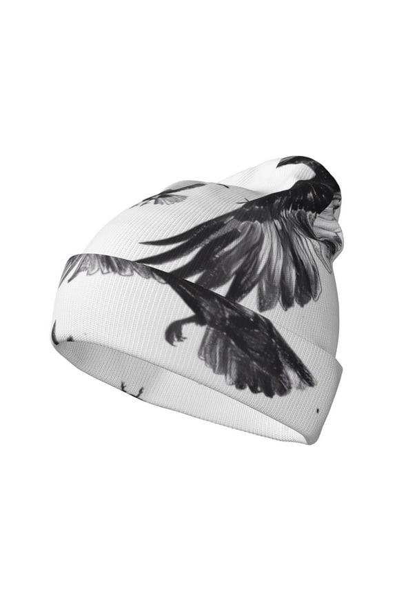 Monochrome Flying Ravens Pattern Knitted Beanie Hat for Men and Women , Unisex Winter Warm Stretchy Knit Cap Thick Fisherman Beanies Cuffed Plain Skull Caps