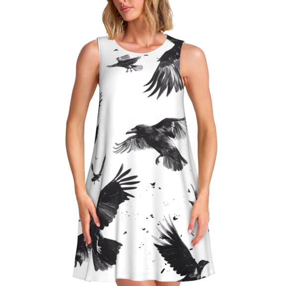 Picia Monochrome Flying Ravens Print Women’s Sleeveless Midi Swing Dress – A-Line Pleated Tank Sundress, Comfortable and Flowy T-Shirt Dress