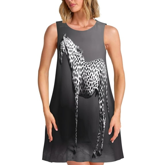Picia Monochrome Leopard Horse Print Women’s Sleeveless Midi Swing Dress – A-Line Pleated Tank Sundress, Comfortable and Flowy T-Shirt Dress