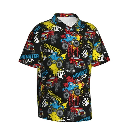 Picia Monster Car Gentle Cotton Regular Fit Short Sleeve Casual Hawaiian Shirt for Men-X-Large