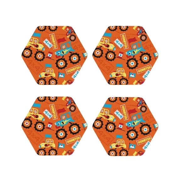Picia Monster Truck Printed Leather Coasters for Drinks, 4" Drink Coasters Set of 4 for Tabletop Protection, Handmade Luxurious Home Décor and Housewarming Gift -Hexagon