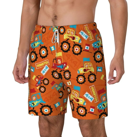 Picia Monster Truck,Truck Cartoon pattern Mens Swim Trunks with Compression Liner Stretch Beach Shorts Quick Dry with Zipper Pockets No-Chafing Board Shorts-Medium