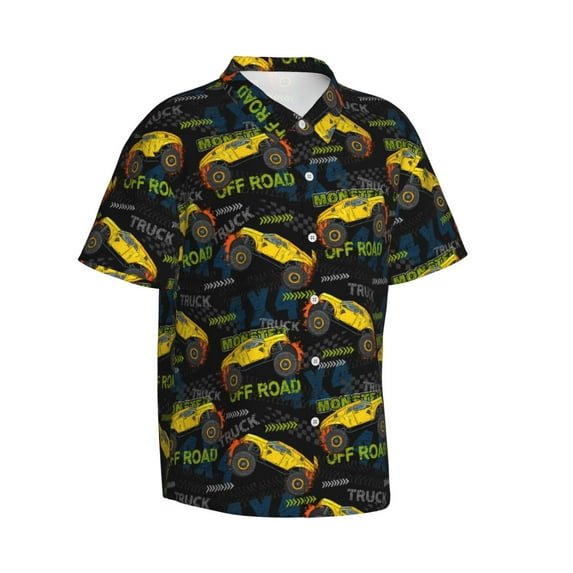 Picia Monster Truck1 Gentle Cotton Regular Fit Short Sleeve Casual Hawaiian Shirt for Men-Medium