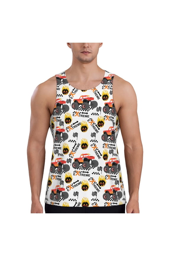 Monster truck Printed Men’s Performance Tank, Men's Workout Tank Top Moisture-Wicking Tank Top Muscle tee, Breathable Workout Shirt-Large