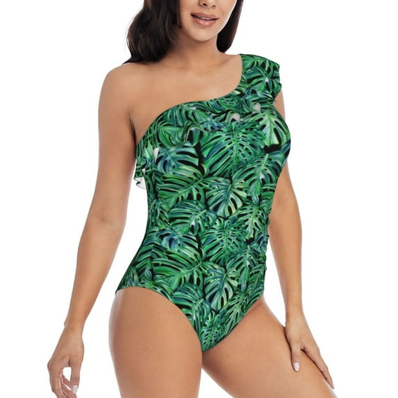Picia Monstera Leaves Pattern Women's One Piece Swimsuits,One Shoulder Swimwear Asymmetric ,Ruffle Monokinis Bathing Suits,High Waisted Flattering Bathing Suits-X-Large