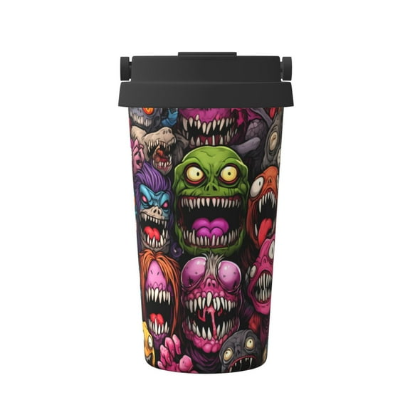 Picia Monstrous Cartoon Characters Pattern 500ml Carry Insulated Coffee Mug, Stainless Steel Travel Mug with Hidden Handle, Leak-Proof for Car, Office, Home, and Outdoor Use