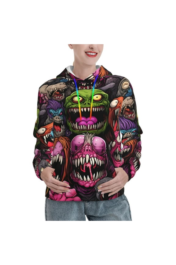 Monstrous Cartoon Characters Pattern Casual Women's Hoodie, Hooded Sweatshirt with Kangaroo Pocket, Comfortable Pullover with Eye-catching Drawstrings-X-Large