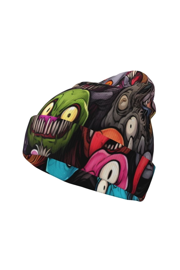 Monstrous Cartoon Characters Pattern Knitted Beanie Hat for Men and Women , Unisex Winter Warm Stretchy Knit Cap Thick Fisherman Beanies Cuffed Plain Skull Caps
