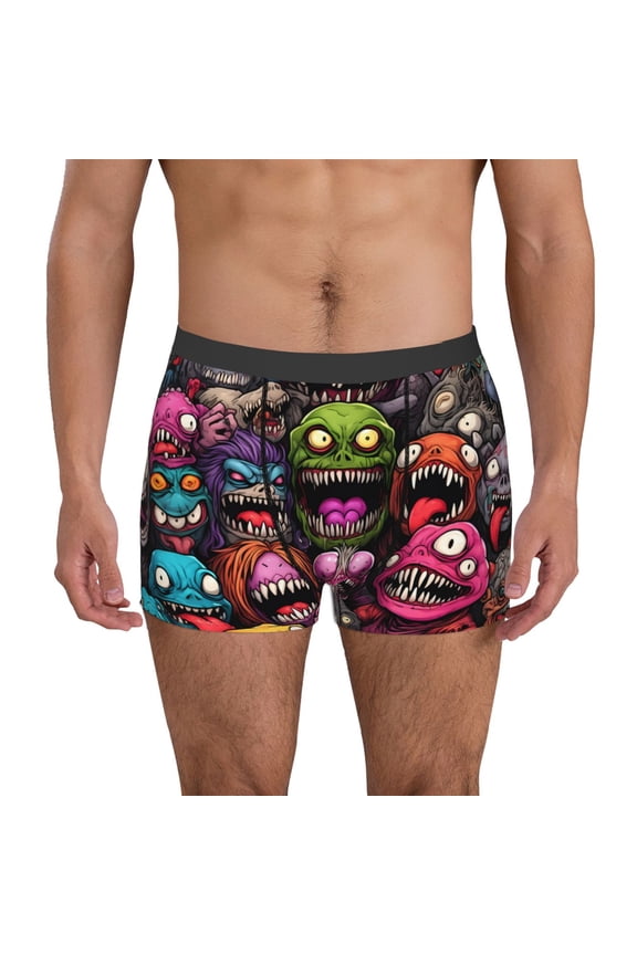 Monstrous Cartoon Characters Pattern Men’s Boxer Briefs – Soft & Breathable Underwear, Stretchy & Comfortable Fit, Supportive Pouch Design, Moisture-Wicking-Small
