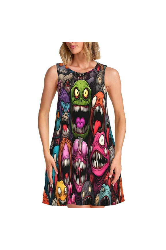 Monstrous Cartoon Characters Print Women’s Sleeveless Midi Swing Dress – A-Line Pleated Tank Sundress, Comfortable and Flowy T-Shirt Dress