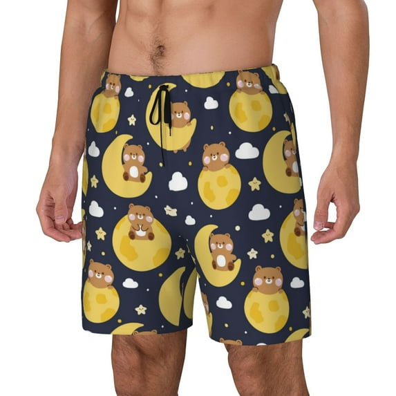 Picia Moon Bear pattern Mens Swim Trunks with Compression Liner Stretch Beach Shorts Quick Dry with Zipper Pockets No-Chafing Board Shorts-Large