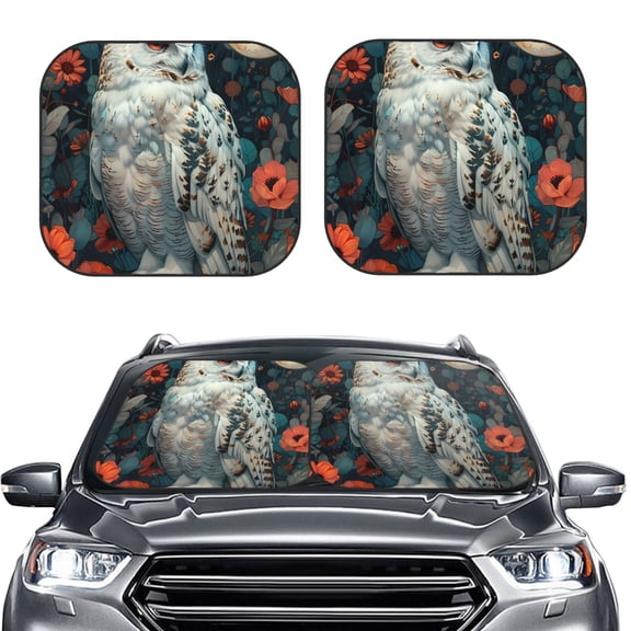 Picia Moon Flower White Owl 2 Piece Car Windshield Sun Shade Foldable | Foldable Sun Shield for Front Window Blocks UV Rays and Keeps Your Vehicle Cool-Small
