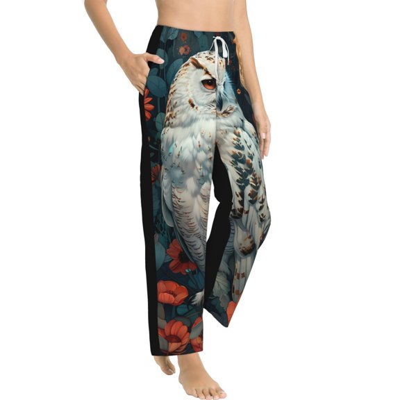 Picia Moon Flower White Owl Womens Soft Woven Cotton Elastic Waistband Sleep Pajama Pant Lounge Sleep Pant With Pockets And Drawstring-Medium