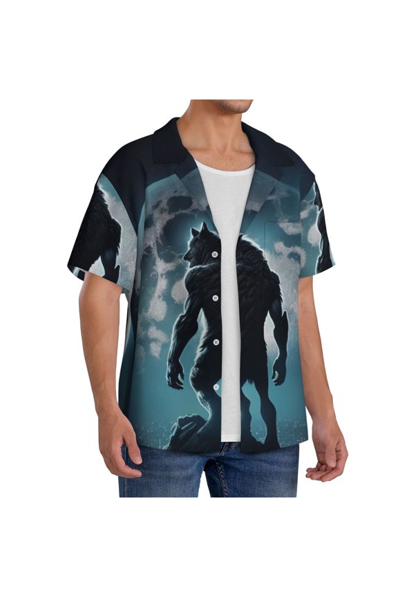 Moon Wolf Warrior Men's Linen Shirts Short Sleeve Cuban Beach Shirts Casual Shirts Button Down Shirt for Men Beach Summer Wedding Shirt-3X-Large